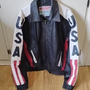 USA Leather Jacket with Red and White Accents
